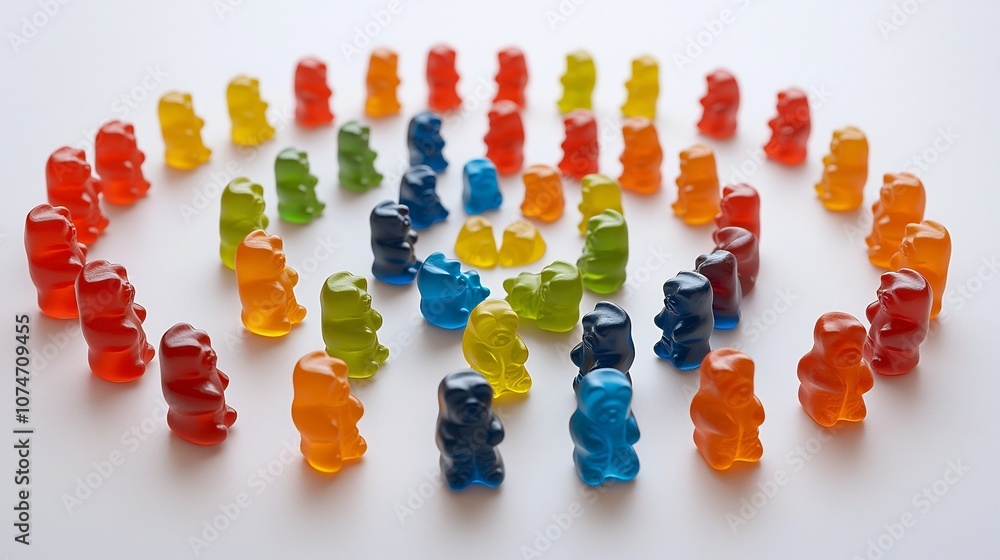 Aufkleber Arrangement of Colorful Gummy Bears in a Circular Spiral Pattern Creating a Vibrant and Playful Candy Composition