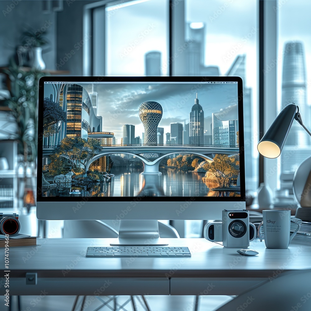 Aufkleber website design about engineering bridges, seen in computer screen in futuristic office.