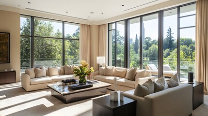 Fototapeta premium 82. A contemporary living room with large windows, neutral furniture, and space for a product on the coffee table