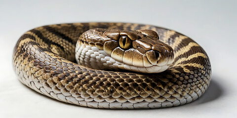 Obraz premium a coiled snake with various unique patterns and types, lying on a white background. Realistic view. created with generative AI