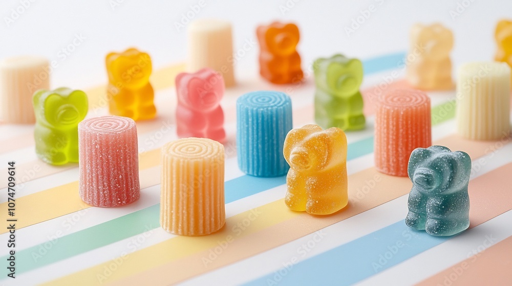 Poster beautifully arranged gummy bears in a striking zigzag pattern showcasing their vibrant colors and a 