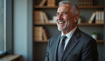 Naklejka premium Senior businessman with joyful expression laughing against bookshelf background