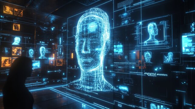 Exploring digital legacy preservation through holographic representations of departed loved ones in a futuristic setting