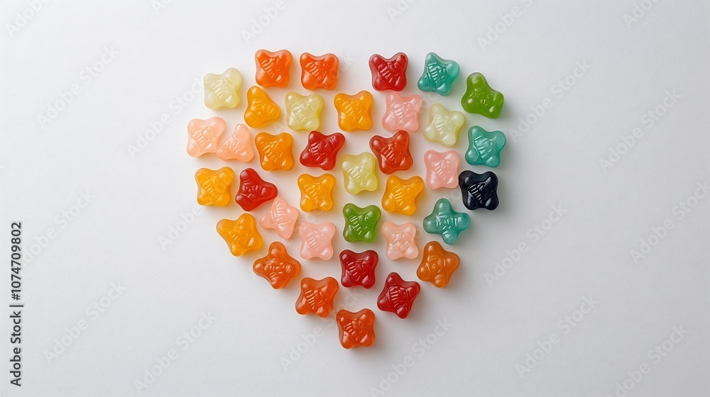 Aufkleber colorful and attractive heart shaped pattern created by arranged gummy bears on a plain background d