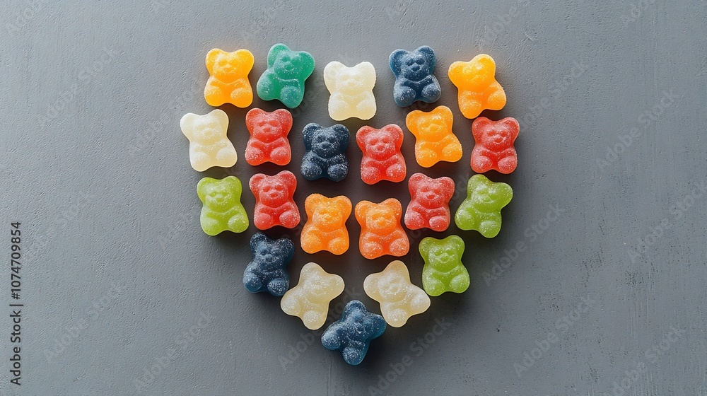 Leinwandbilder vibrant and playful heart shaped arrangement of multicolored gummy bears forming a symmetrical and t
