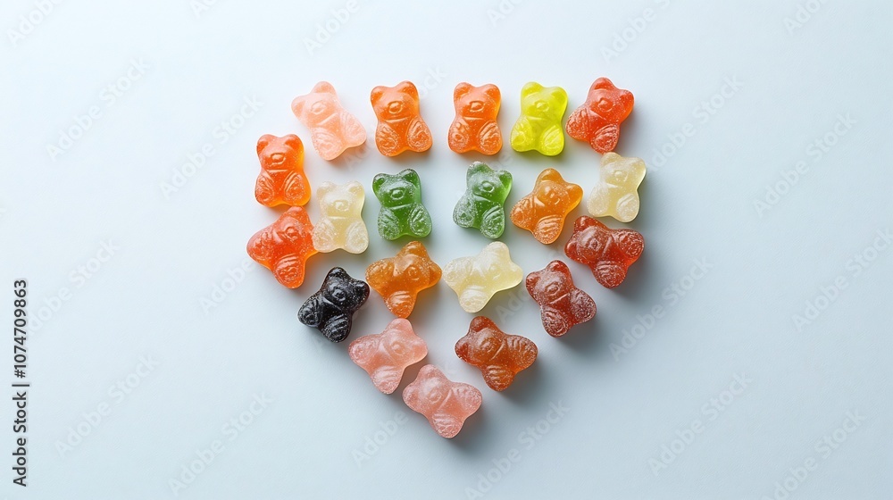Leinwandbilder colorful heart shaped arrangement of assorted gummy bears forming a visually appealing and tempting 