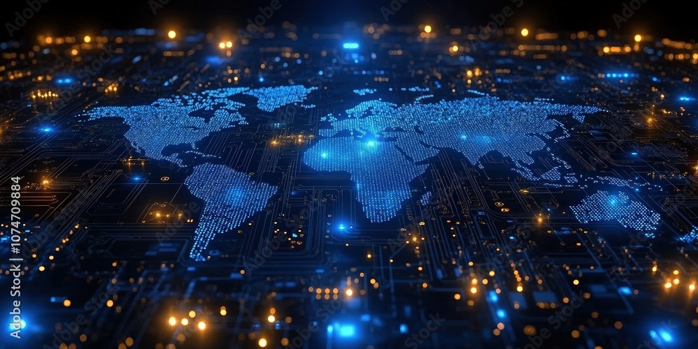 Poster high-tech digital world map illustration showcasing glowing data lines and nodes on a circuit board 