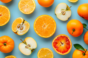 Top view of orange and lemon halves on white background, panoramic shot