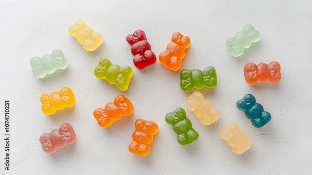Fototapete Vibrant and dynamic star shaped arrangement of colorful gummy bears on a neutral studio background creating a fun and playful confectionery design