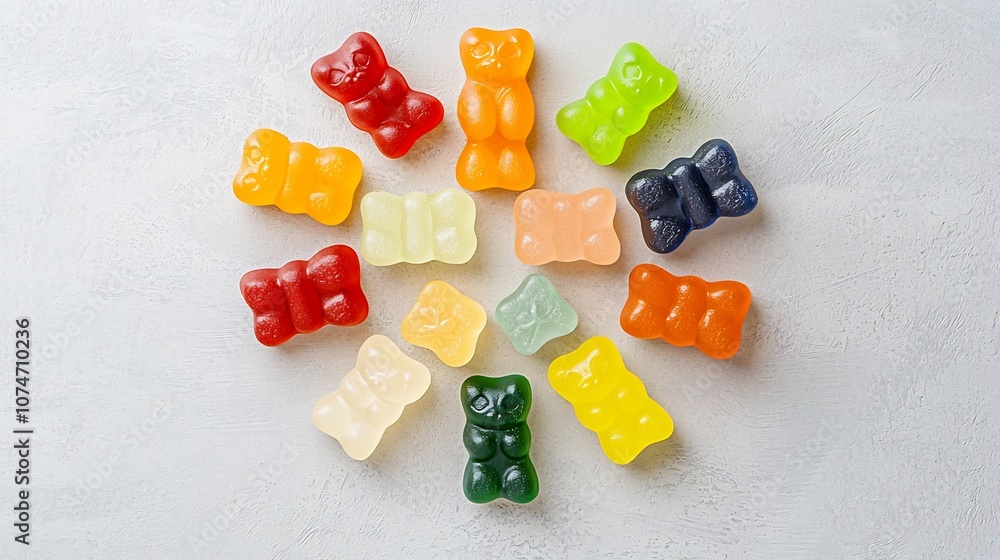 Leinwandbilder vibrant and dynamic star shaped arrangement of colorful gummy bears against a neutral background cre