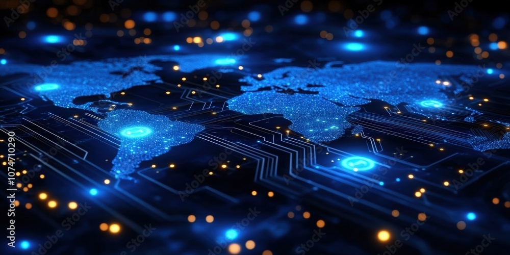 Poster high-tech global network visualization with circuit patterns and digital lights representing connect