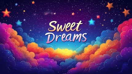 Fototapeta premium Sweet dreams. Lettering. Colorful hand drawn illustration. Rainbow space background with text 