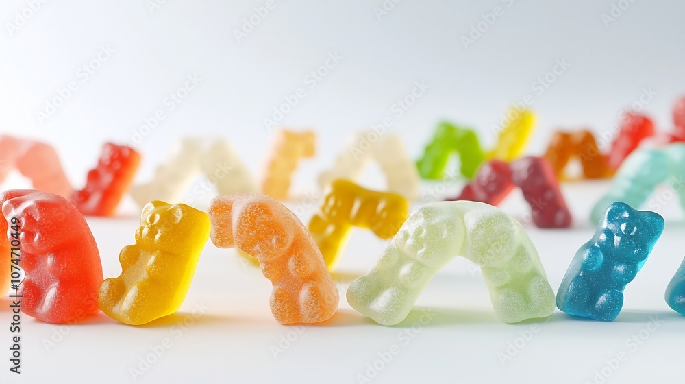 Poster Visually striking and dynamic gummy bear design showcasing a wave like pattern formed by the colorful candies in a creative modern and captivating arrangement
