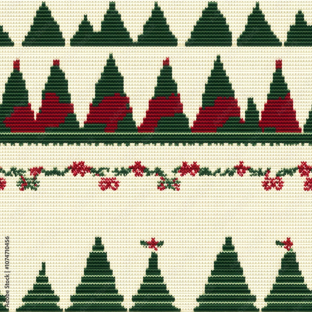 Poster a festive textile design featuring repeating patterns of green christmas trees and floral motifs in 