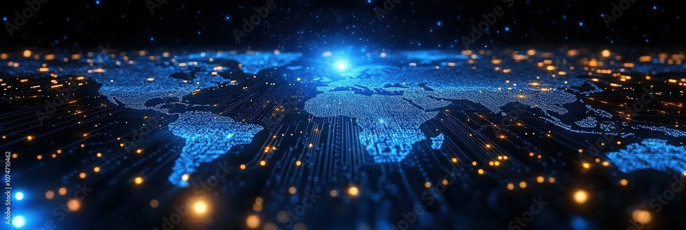 Poster digital world map with glowing data points representing global connectivity and technology advanceme