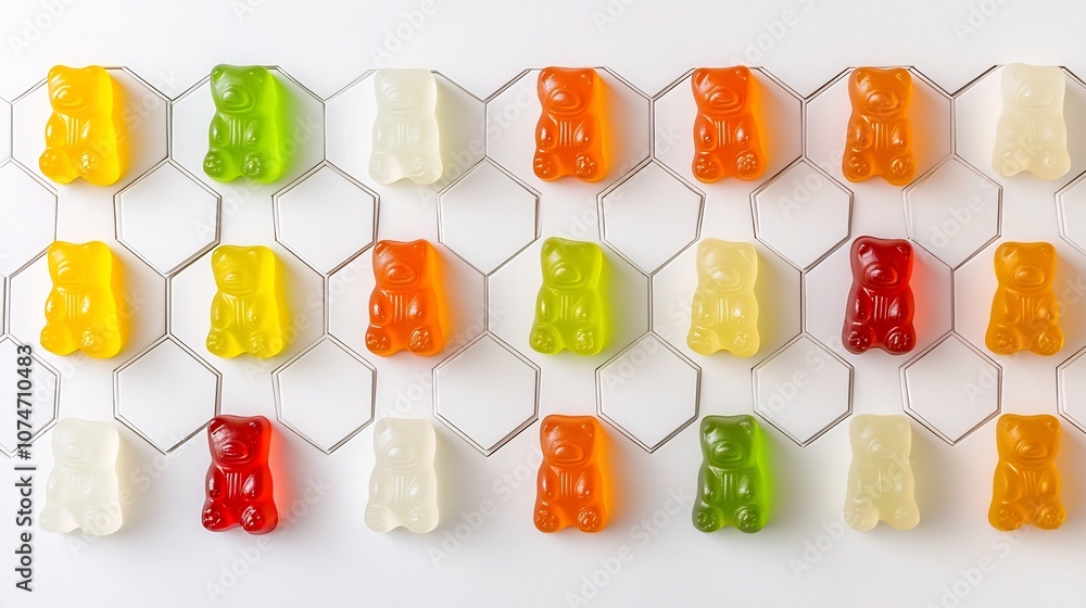 Fototapete Gummy bears aligned in a visually appealing hexagonal pattern creating an intriguing and colorful geometric design