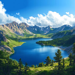 Fototapeta na wymiar Breathtaking mountain landscape featuring serene lake surrounded by lush greenery and towering peaks under bright blue sky. Nature beauty is truly captivating