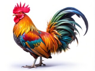 Fototapeta premium Vibrant Rooster Captured in Architectural Style, Isolated on White Background, Showcasing Crowing Pose with Striking Feather Colors