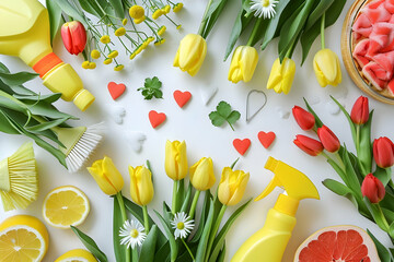 top view of spring tulips and green cleaning supplies near spring cleaning card on white background