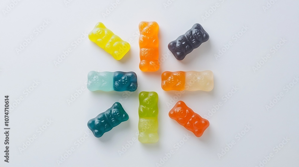 Aufkleber Vibrant and Symmetrical Composition of Gummy Bears Arranged in a Cross Shape on a Plain Background Highlighting the Variety of Colors and Textures of the Candy