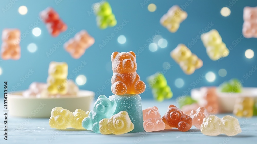 Aufkleber Delightful arrangement of assorted gummy bears against a vibrant blue background highlighted by beautiful bokeh lighting that enhances their captivating colors and textures