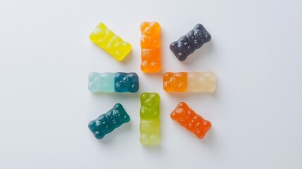 Vibrant and Symmetrical Composition of Gummy Bears Arranged in a Cross Shape on a Plain Background Highlighting the Variety of Colors and Textures of the Candy