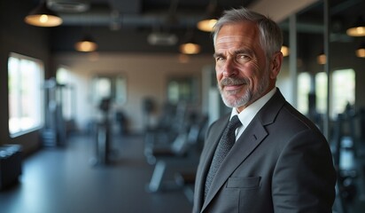 Fototapeta premium Confident Senior Executive with Friendly Expression Standing in Modern Office Space