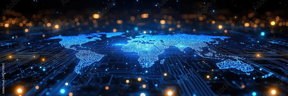 Poster futuristic digital map of the world with glowing blue lines and circuit patterns depicting global co