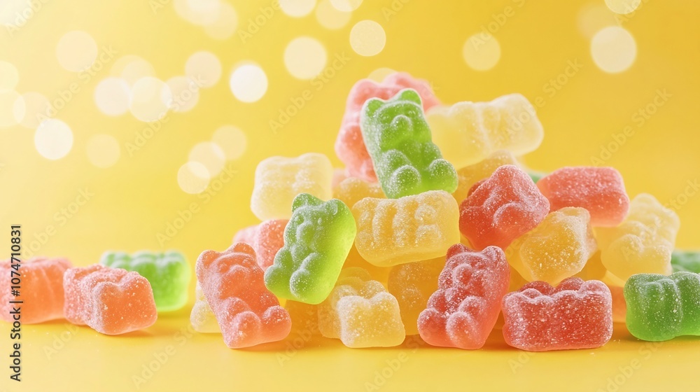 Aufkleber visually striking pile of gummy bears on a radiant and luminous yellow background accentuated by glo