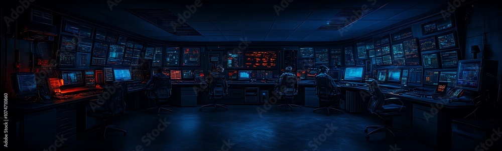 Poster A dimly lit control room filled with multiple computer screens and glowing lights, creating a high-tech and futuristic atmosphere.