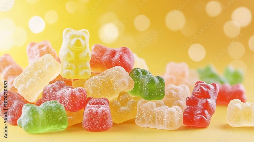 Aufkleber a pile of colorful gummy bears on a vibrant radiant yellow background with glowing shimmering bokeh 