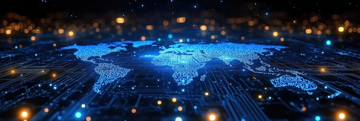 Futuristic Digital Map of the World with Glowing Blue Lines and Circuit Patterns Depicting Global Connectivity and Technology in a Cyber Environment