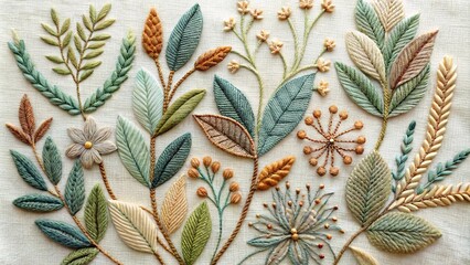 Hand-stitched floral embroidery featuring delicate leaves, intricate flowers, and delicate tendrils, capturing the artistry of needlework.