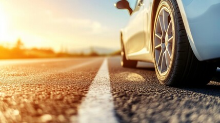 Close-up of a car tire on a sunlit road.