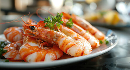 Delicious prawns cooked and served on restaurant table. fresh shrimp on white plate with ingredients herb and spices, cooking seafood.