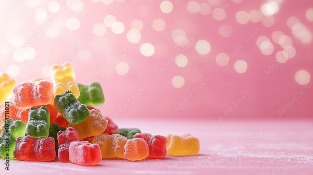 Poster Mouthwatering display of colorful gummy bears against a bright pink background with a soft dreamy bokeh lighting effect adding an appetizing and playful touch to the image