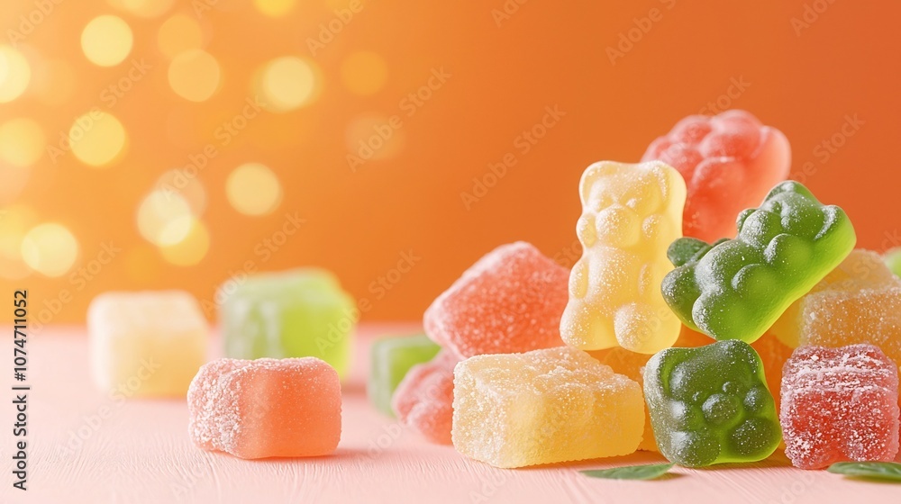 Leinwandbilder closeup of brightly colored translucent gummy bears against a vibrant neon orange background creatin