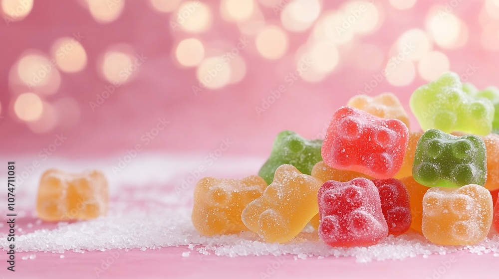 Aufkleber closeup of vibrant colorful gummy bears on a bright pink background with soft blurred bokeh lights c