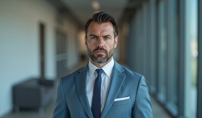Fototapeta premium Businessman with serious expression standing in office hallway