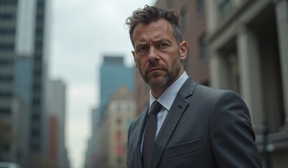 Fototapeta premium Serious businessman with determined expression standing against urban cityscape