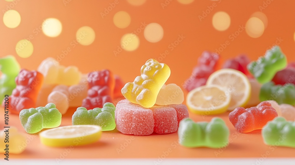 Fototapete Brightly Colored Gummy Bears Arranged on a Vivid Neon Orange Background with a Beautiful Bokeh Effect Creating a Fun and Appetizing Scene that Invites the Viewer to Indulge in the Sugary Confection