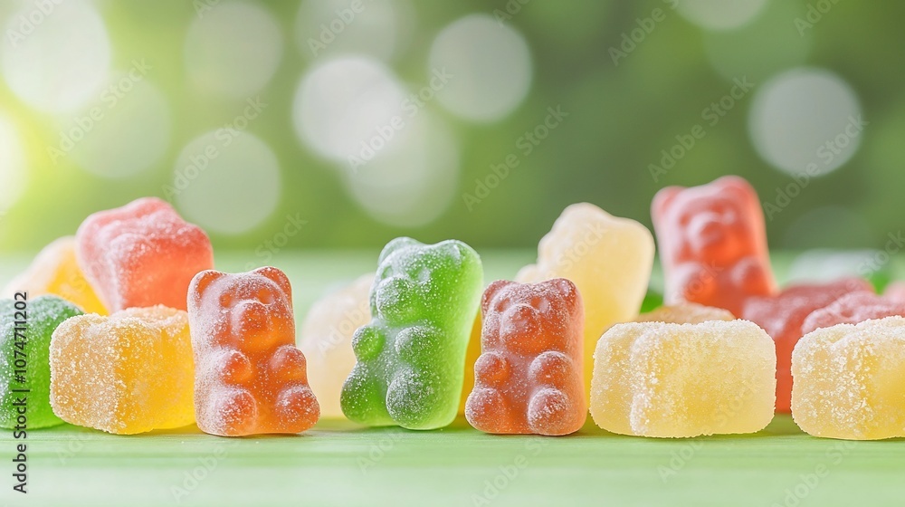 Poster closeup of vibrant colorful gummy bear candies on a cheerful vibrant green background with a gentle 