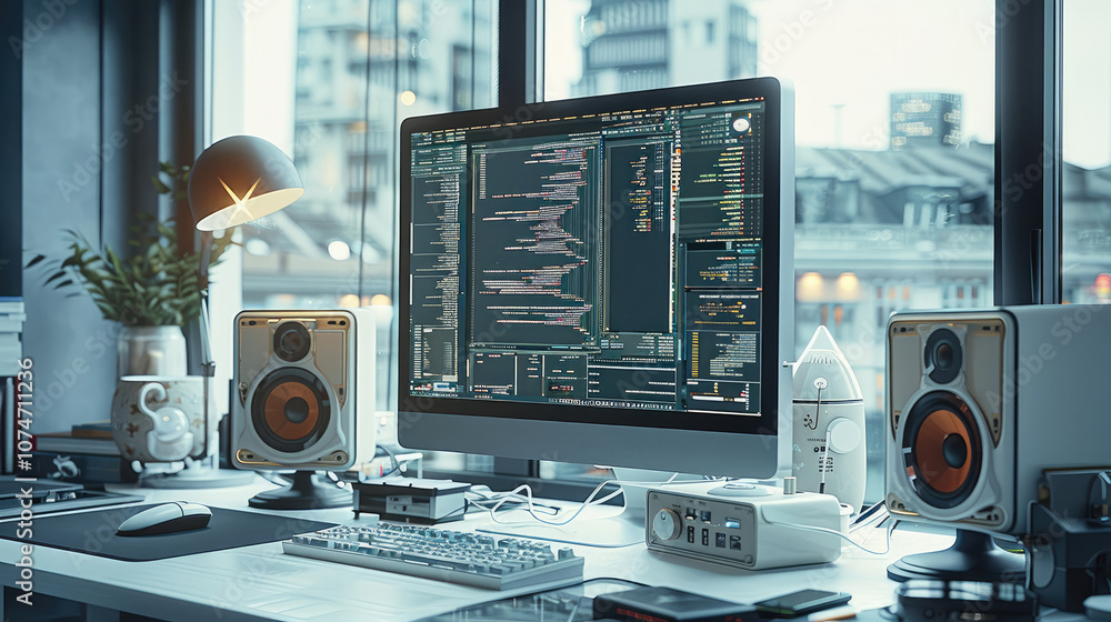 Poster Computer room with computer monitor, speakers, mainframe and keyboard on desktop.