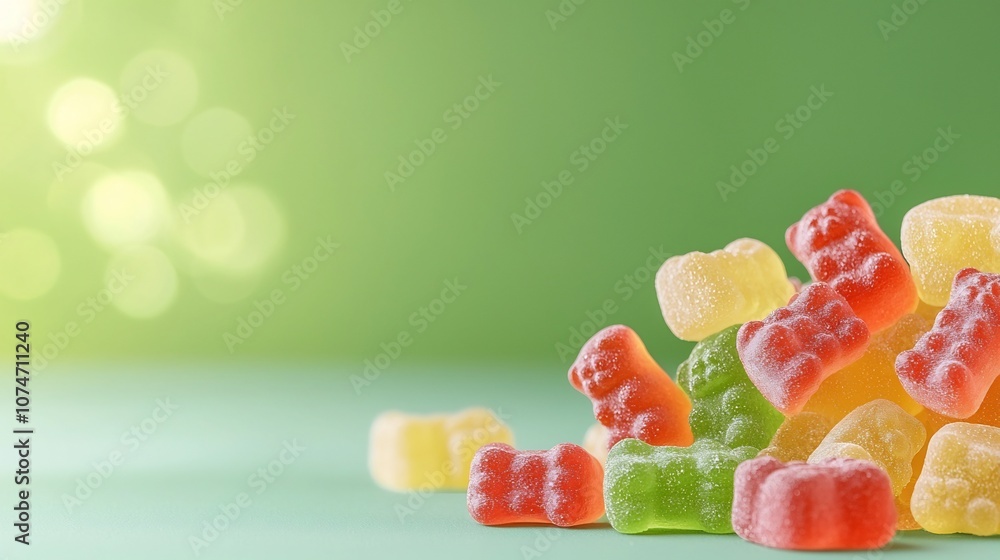 Poster Closeup of a pile of colorful and inviting gummy bears sitting on a bright green background with a gentle dreamy bokeh that creates a cheerful appetizing and playful scene