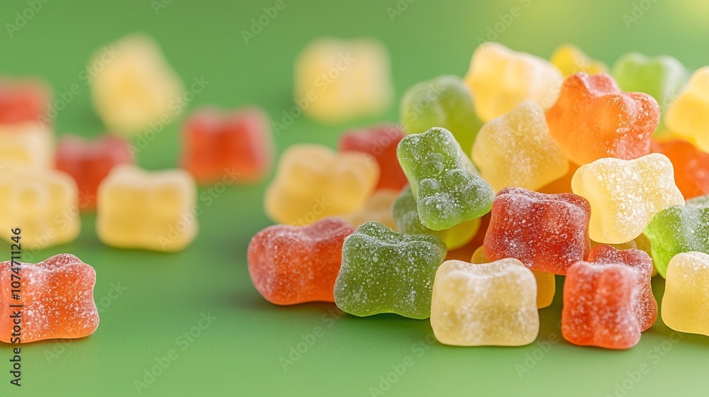 Poster closeup of vibrant and colorful gummy bears displayed on a bright green background with a gentle bok