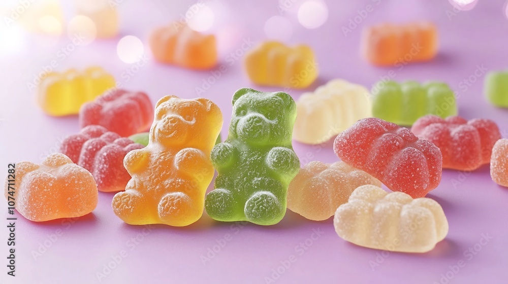 Leinwandbilder gummy bears scattered on a vibrant purple background with soft blurred bokeh lights enhancing their 
