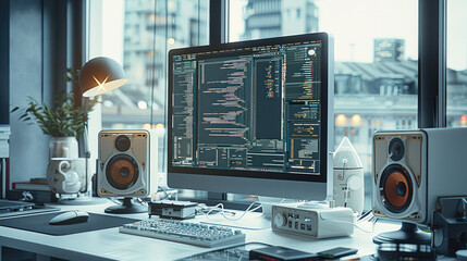 Computer room with computer monitor, speakers, mainframe and keyboard on desktop.