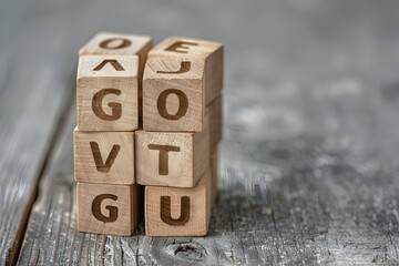 Wooden cubes with gout lettering on wooden table on grey background