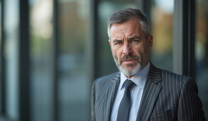 Fototapeta premium Confident mature businessman with serious expression contemplating against office windows