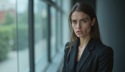 Fototapeta premium Determined businesswoman with intense gaze standing in modern office hallway